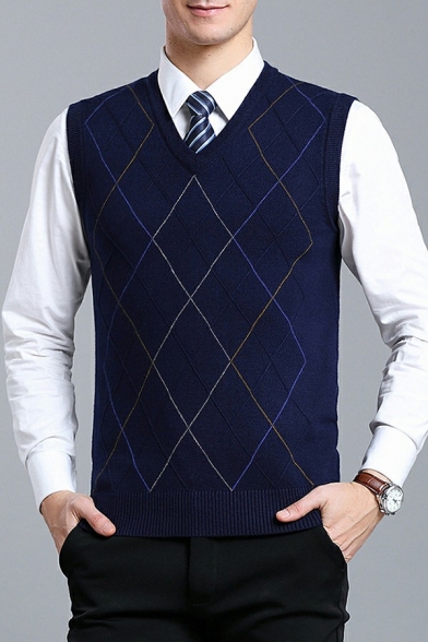 Creative Mens Checked Printed Sweater V-Neck Rib Hem Regular Fit Sleeveless Vest