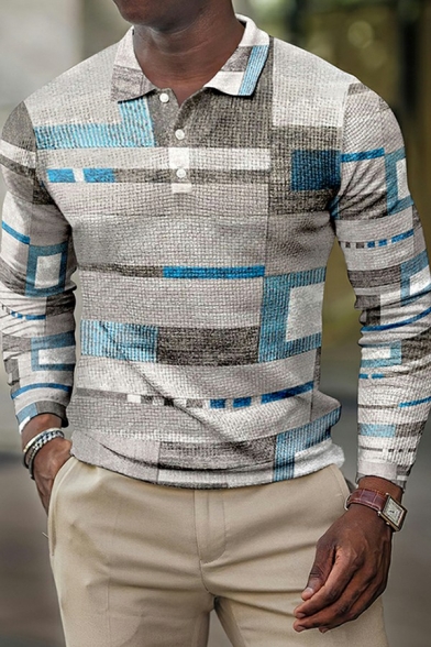 Creative Mens Polo Shirt 3D Print Long Sleeve Turn down Collar Slim Fit Polo Shirt