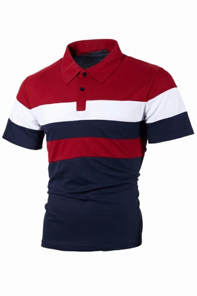 Dashing Polo Shirt Color Block Button Detail Short-Sleeved Turn down Collar Slim Polo Shirt for Men