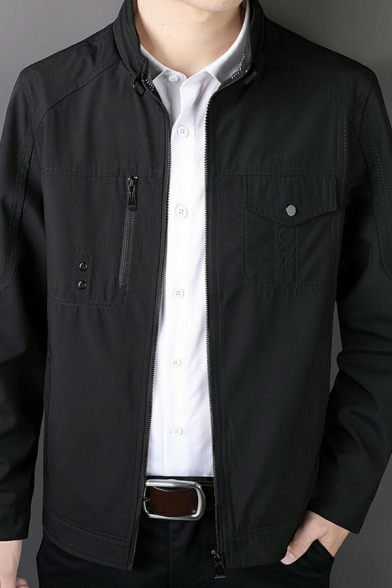 Elegant Boys Jacket Solid Color Zip-up Detailed Long Sleeve Stand Collar Regular Zip Fly Jacket