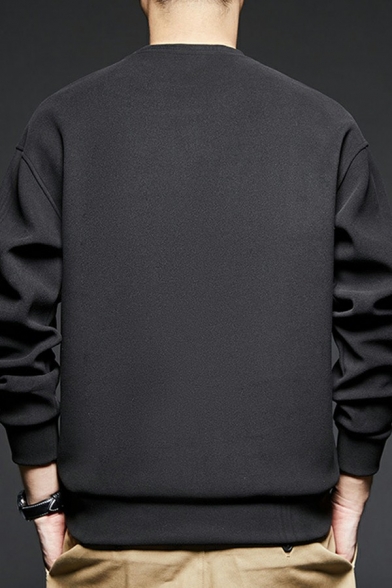 Elegant Guys Sweatshirt Solid Color Long Sleeve Crew Neck Rib Hem Baggy Sweatshirt