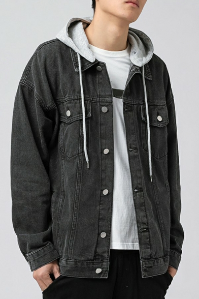 Fancy Jeans Jacket Hooded Button Up Side Pocket Long Sleeve Regular Fit Denim Jacket