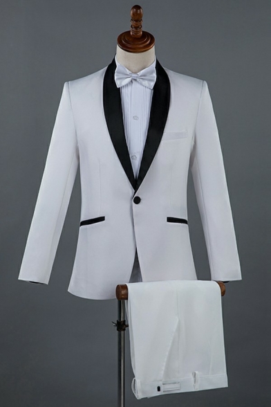 Fancy Men's Blazer Set Color Block Single Button Up Long Sleeve with Pants Slim Fit Suit Set