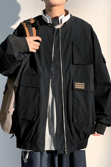 Fashion Guys Varsity Jacket Whole Colored Pocket Detail Zip Placket Baggy Bomber Jacket