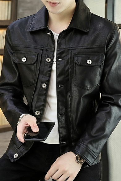 Fashionable Guy's Jacket Solid Flap Pocket Spread Collar Long Sleeve Regular Button Up Leather Jacket