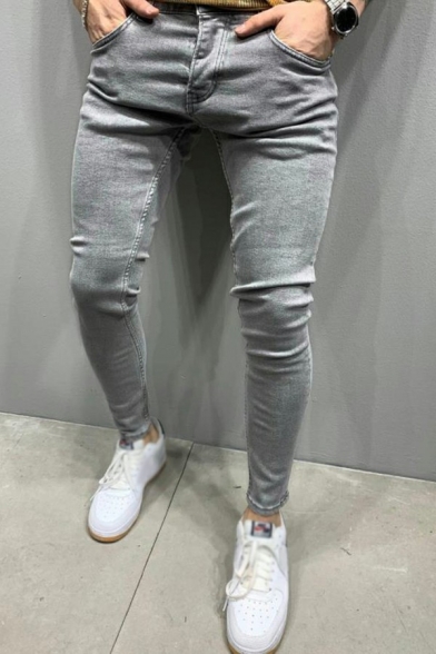 Freestyle Jeans Solid Color Zip Up Side Pocket Ankle Length Slim Fit Denim Jeans for Men