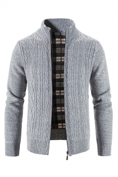 Guy's Fashionable Cardigan Whole Colored Cable Knit Stand Collar Slim Long-Sleeved Zipper Cardigan