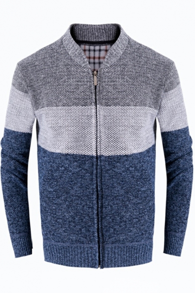 Guy's Trendy Cardigan Color-blocking Pocket Designed Stand Collar Relaxed Long Sleeves Zip Up Cardigan