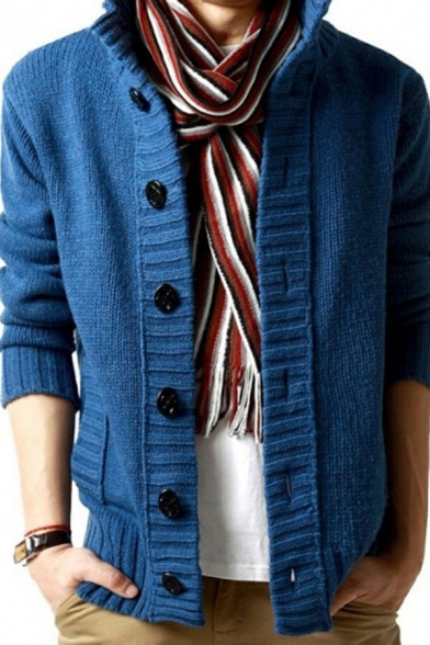 Leisure Mens Knitted Cardigan Pure Color Button down Long Sleeve Stand Collar Fitted Cardigan