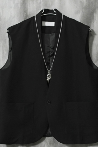 Men Basic Suit Vest Plain Pocket Detail Button Closure V-Neck Suit Vest