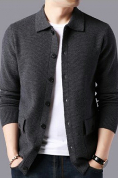 Men Casual Cardigan Solid Collar Spread Collar Button down Flap Pocket Long Sleeve Fitted Cardigan