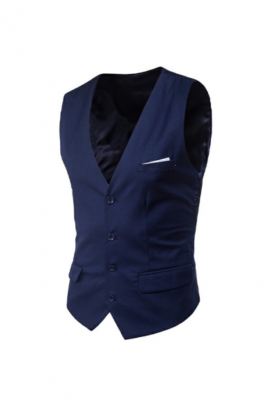 Men Hot Suit Vest Solid Color Sleeveless Regular Fit V-Neck Button Up Suit Vest