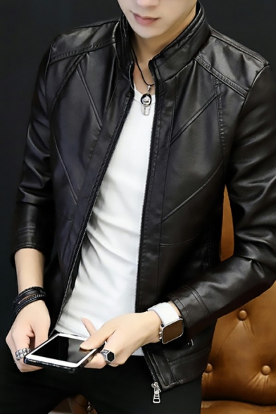 Men Modern Leather Jacket Plain Stand Collar Full Zipper Front Pocket Long Sleeves Slim Leather Jacket