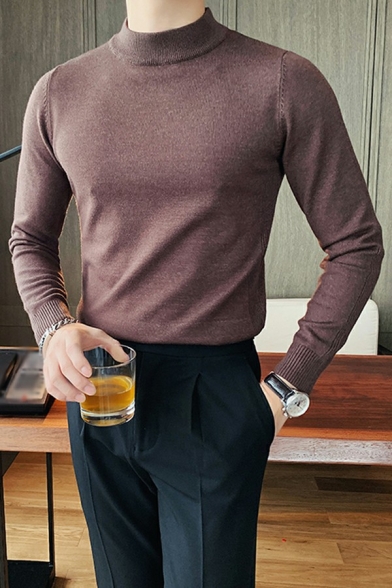 Men's Comfy Sweater Whole Colored Mock Neck Long Sleeves Fitted Sweater