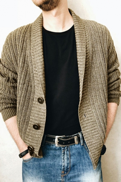 Mens Street Look Cardigan Sweater Plain Long Sleeve Lapel Collar Button Closure Regular Fit Cardigan Sweater