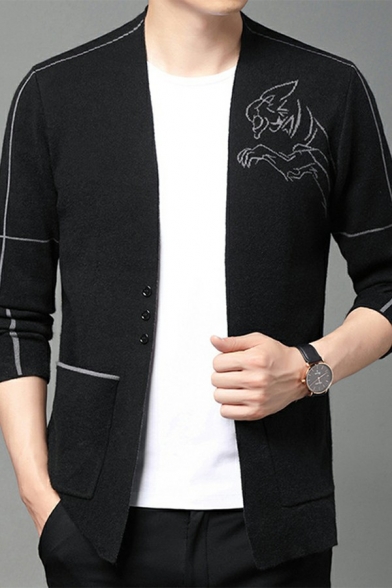 Retro Guy's Cardigan Stripe Printed Button Design Long Sleeve Relaxed Open Front Cardigan