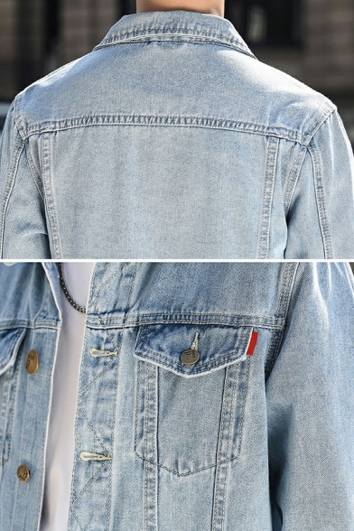 Retro Solid Color Men Jacket Turn Down Collar Chest Pockets Single Breasted Regular Fit Denim Jacket