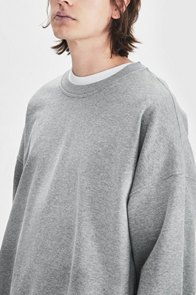 Simple Hoody Plain Round Neck Rib Cuffs Long Sleeves Relaxed Hoody for Men