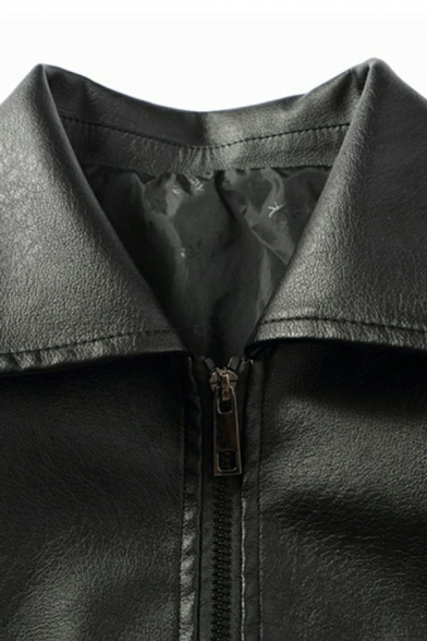 Simple Leather Jacket Front Pocket Zip Up Turn-down Collar Long Sleeve Regular Fit Leather Jacket for Guys