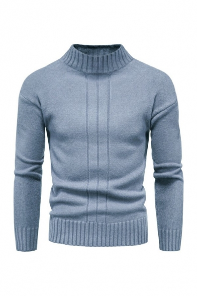 Simple Mens Pullover Pure Color Long Sleeves Mock Neck Regular Fit Pullover