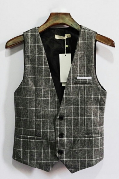 Smart Guys Suit Vest Plaid Patterned Button Closure V-Neck Regular Pocket Suit Vest