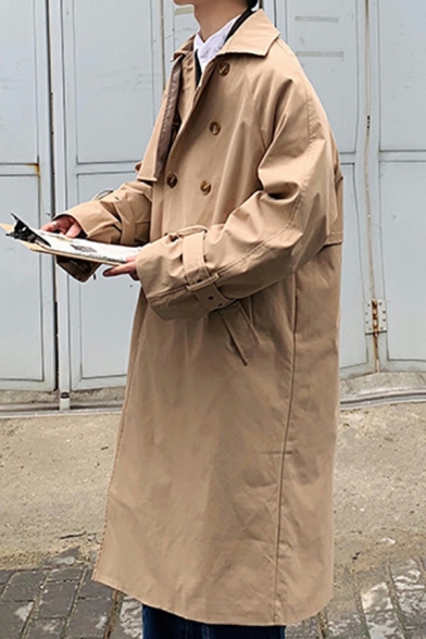 Street Look Coat Plain Cuff Strap Lapel Collar Loose Long Sleeves Double Breasted Trench Coat for Guys