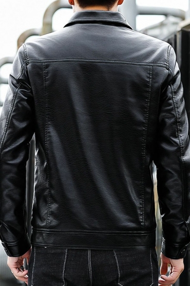 Stylish Mens Leather Jacket Pain Long-Sleeved Stand Collar Pocket Detail Zip Placket Leather Jacket
