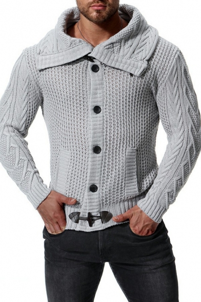 Stylish Mens Plain Sweater Turn-Down Collar Button Placket Long-Sleeved Slim Fit Cardigan