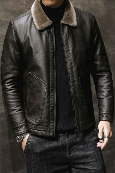 Trendy Jacket Solid Color Spread Collar Long Sleeve Regular Zip Placket Leather Jacket for Guys