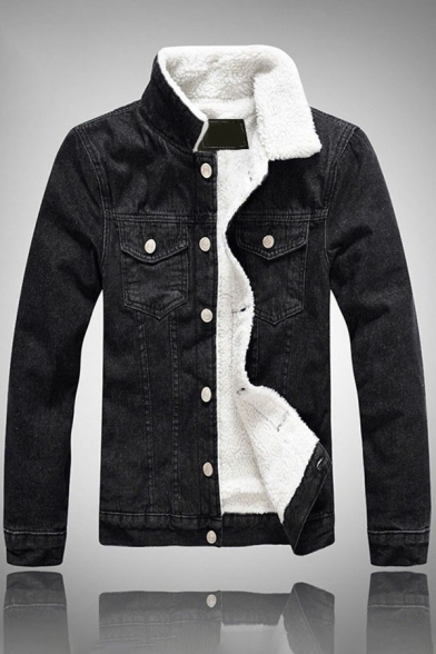 Trendy Mens Jacket Pure Color Long Sleeves Lapel Collar Button Closure Denim Jacket with Pockets