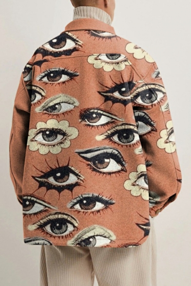 Unique Guys Jacket Eyes Print Button Fly Collar Pocket Detail Long Sleeves Jacket