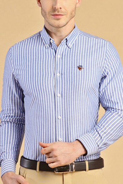 Vintage Shirt Striped Print Embroidery Decoration Button Up Slim Long Sleeve Shirt for Men