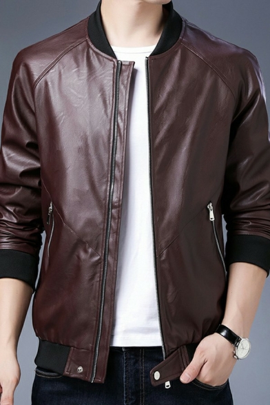 Basic Designed Zip Fly Side Pocket Stand Collar Long Sleeve Regular Fit Leather Jacket for Men
