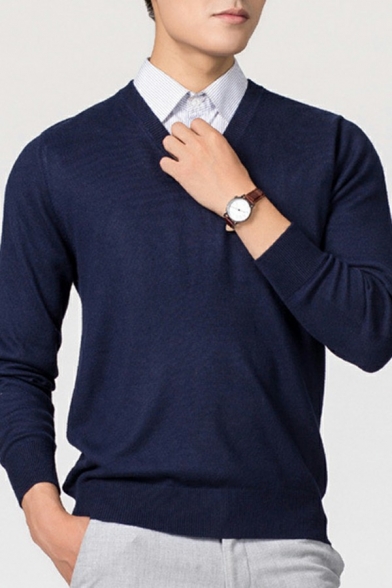Basic Men's Sweater Plain V-Neck Long Sleeves Slim Fitted Sweater