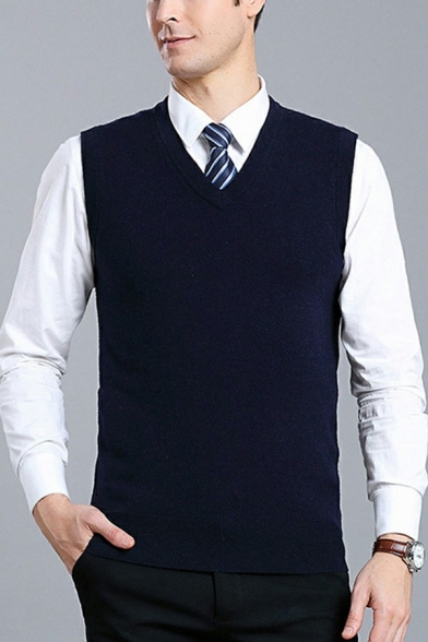Basic Men's Vest Knitted Solid Color V-Neck Sleeveless Slim Fit Waistcoat