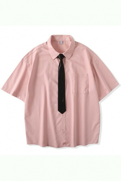 Basic Mens Shirt Pure Color Short Sleeve Lapel Collar Loose Fit Shirt with Pocket