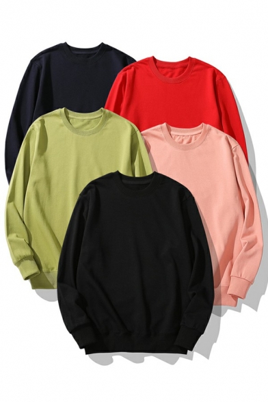 Casual Mens Sweatshirt Solid Color Round Neck Long Sleeves Rib Cuffs Loose Fit Sweatshirt