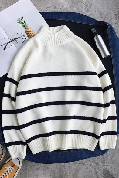Comfortable Sweater Stripe Print Mock Neck Baggy Long Sleeve Pullover Sweater for Guys