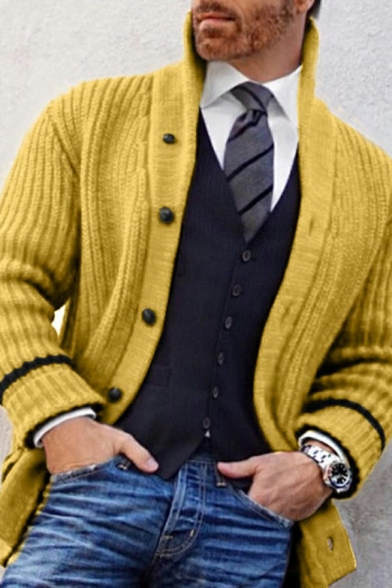 Cool Cardigan Solid Color Button Closure Long-sleeved Regular Fitted Cardigan for Guys