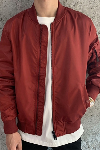 Edgy Mens Bomber Jacket Pure Color Zip Closure Long Sleeves Regular Fit Jacket