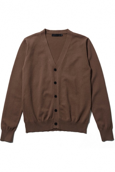 Elegant Cardigan Pure Color Rib Hem V-Neck Long Sleeves Loose Fit Button Fly Cardigan for Guys