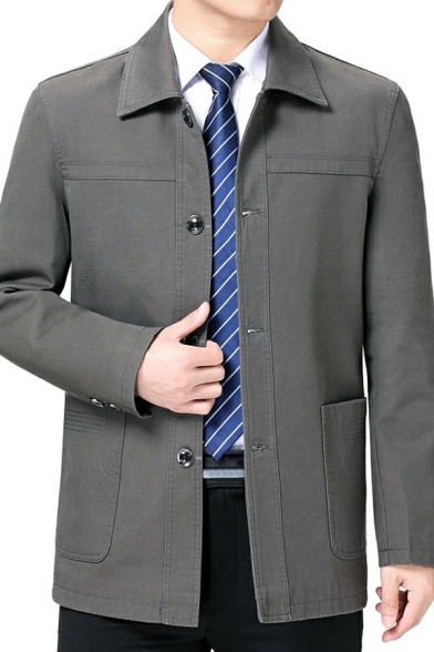 Elegant Men's Coat Whole Colored Button-up Spread Collar Pocket Long Sleeve Coat