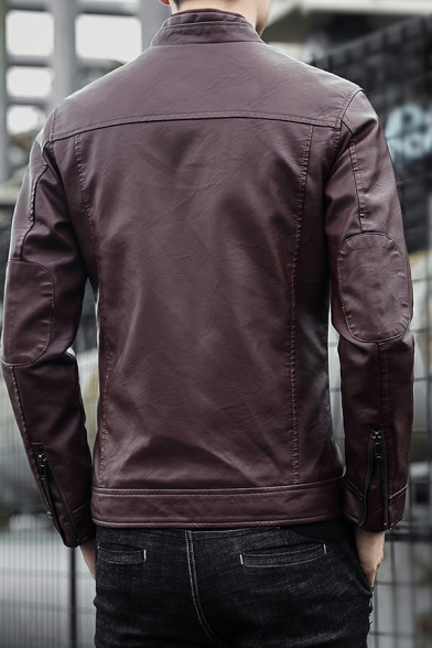 Fancy Jacket Whole Colored Zip Pocket Long Sleeves Fitted Zip Placket Leather Jacket for Men
