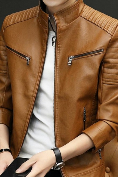 Fancy Mens Leather Jacket Pure Color Stand Collar Long Sleeve Zip Placket Leather Jacket with Pocket