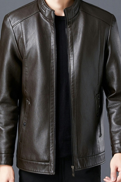 Fashionable Men Jacket Pure Color Long Sleeve Stand Collar Regular Fit Zip Down Leather Jacket