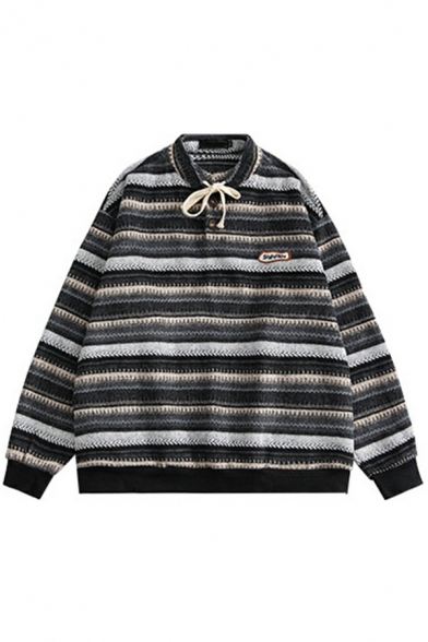 Freestyle Sweater Stripe Printed Round Neck Rib Cuffs Long Sleeve Loose Fit Sweater for Men