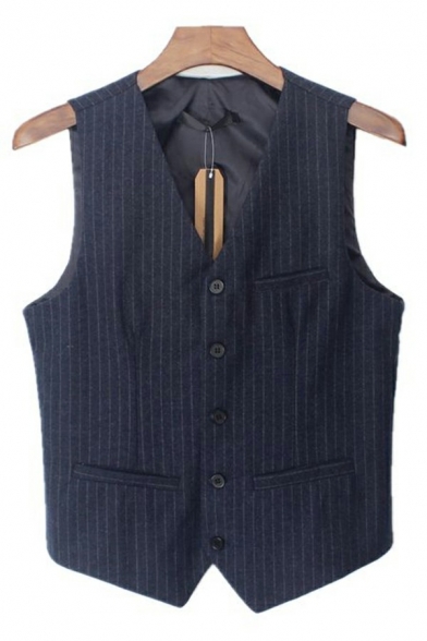 Freestyle Vest Stripe Print V-Neck Button Up Slim Fit Suit Vest for Men