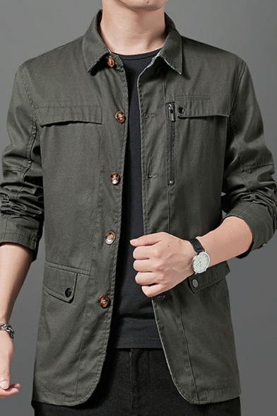 Guys Fancy Coat Pure Color Turn-down Long-Sleeved Relaxed Button Down Trench Coat