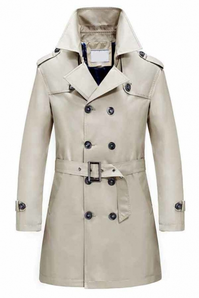 Guys Retro Plain Trench Coat Epaulette Notched Collar Double Breasted Lace Up Fitted Trench Coat