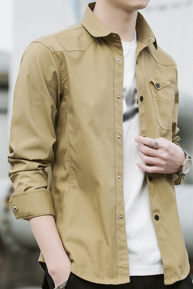 Guys Simple Solid Color Shirt Button Closure Chest Pocket Long-Sleeved Turn down Collar Fitted Shirt